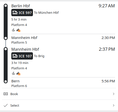 Screenshot of Itinerary showing a result of a train connection search with a booking action.