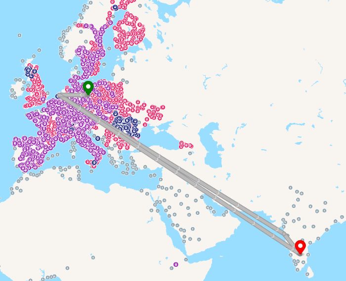 Screenshot of MOTIS' stop view with flight options from Berlin to Bengaluru displayed.