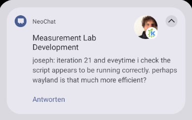 Screenshot of a chat notification from NeoChat showing the sender and room avatar images next to the message text.