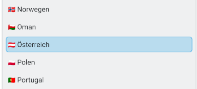Screenshot of KTrip's country selector, with Austria in German being sorted correctly between Oman and Poland.