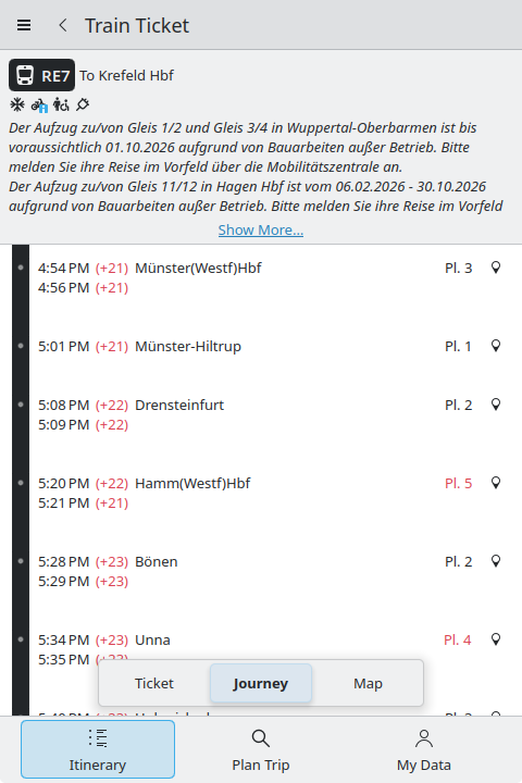 Screenshot of Itinerary showing intermediate stops of a train trip.