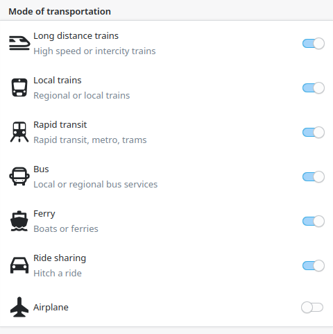 Screenshot of Itinerary's mode of transport filter options for journey searches, with the newly added option for ride sharing services.