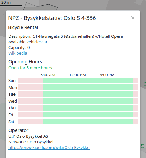 Screenshot of Itinerary's station map showing the opening hours of a bike rental station.